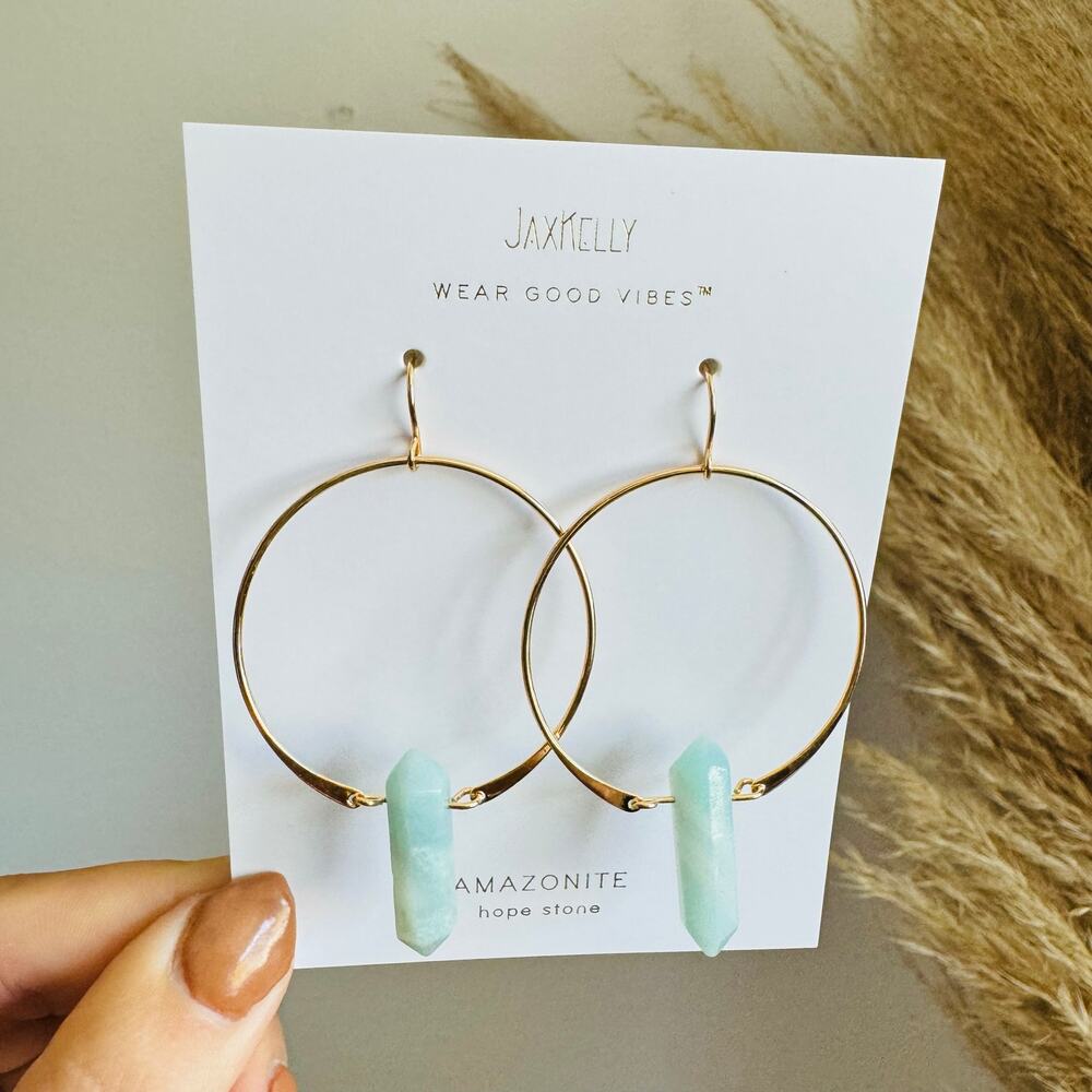 Amazonite Aqua Mint Gold Handmade Boho Gemstone Crystal Hoop Earrings Hoops